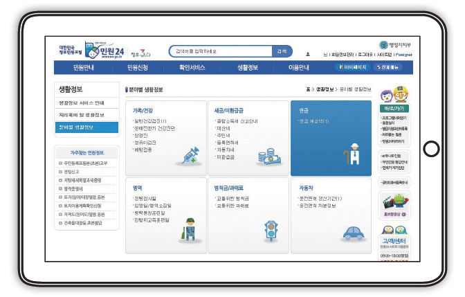 국민연금공단 홈페이지(http://www.nps.or.kr) 뿐만 아니라, 정부 민원포털 사이트인 「민원24(http://www.minwon.go.kr)」 생활정보 서비스에서도 국민연금 가입내역 및 예상연금액에 대한 조회가 가능해졌습니다. 생활정보 서비스는 국민에게 꼭 필요한 20여 종의 생활정보를 한 번에 확인 할 수 있는 맞춤형 통합서비스로, PC나 스마트폰으로 모두 이용 가능하며, 공인인증서로 로그인 후 생활정보 서비스 이용에 동의하면 국민연금을 비롯하여 건강, 세금, 병역 등 나와 관련된 생활정보를 실시간으로 확인할 수 있습니다