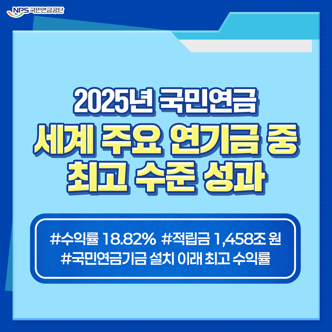 NPS국민연금공단 2025년 국민연금 세계 주요 연기금 중 최고 수준 성과 #수익률 18.82% #적립금 1,458조원 #국민연금기금 설치 이래 최고 수익률