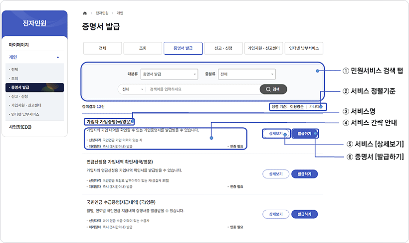 pc화면에서 증명서 발급 화면